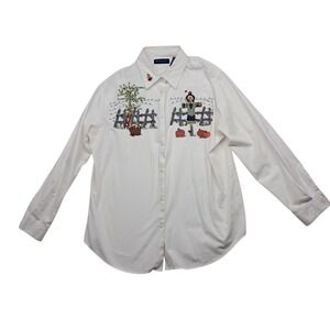 VTG Karen Scott Shirt Women's Large‎ White Button Up Embroidered Halloween Fall